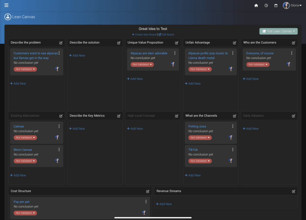 Leantime Dark mode Lean Canvas screenshot