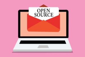 Conceptual hand writing showing Open Source. Business photo showcasing denoting software which original source code freely available Computer receiving email message envelope with paper virtual.