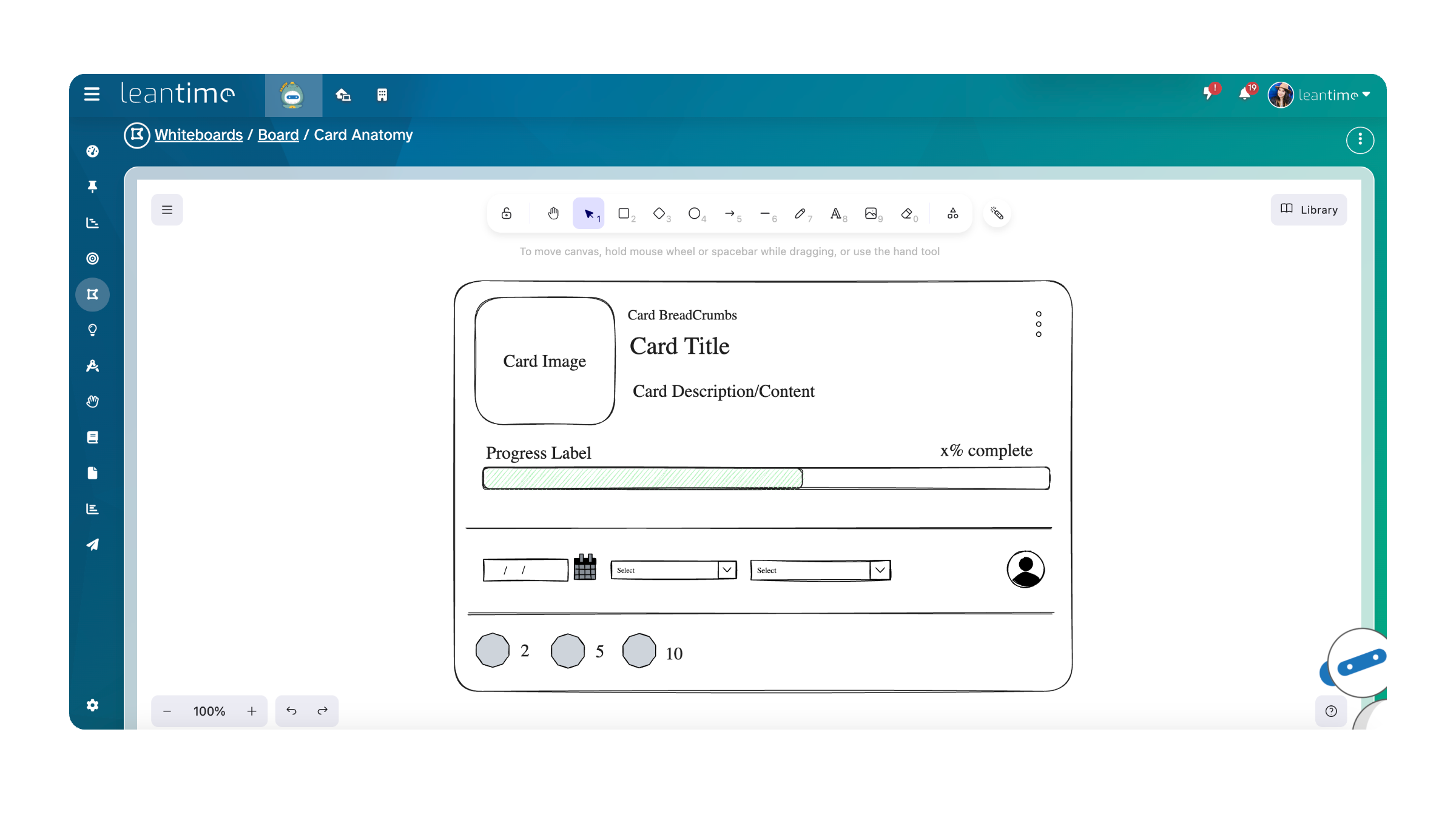 Image shows Leantime's whiteboard features with an example of a card wireframe on the view