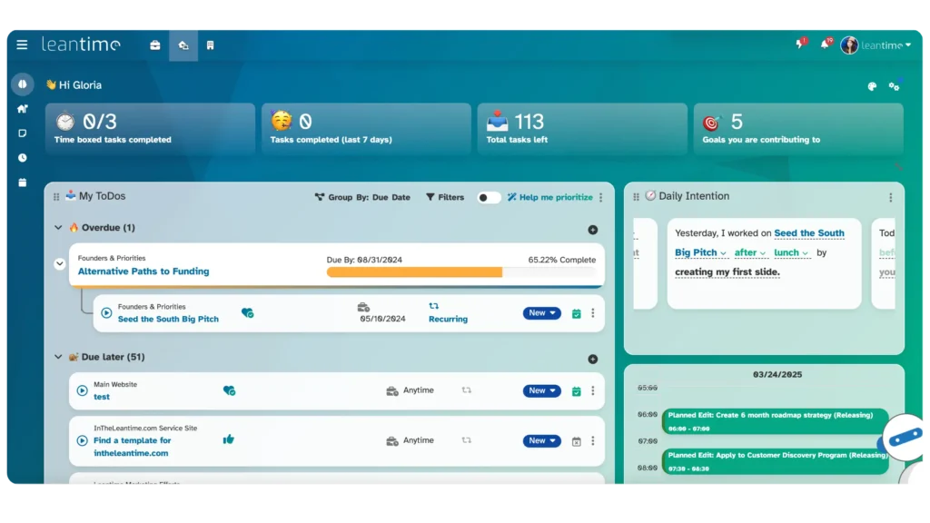 Image highlights Leantime's My Work Dashboard features