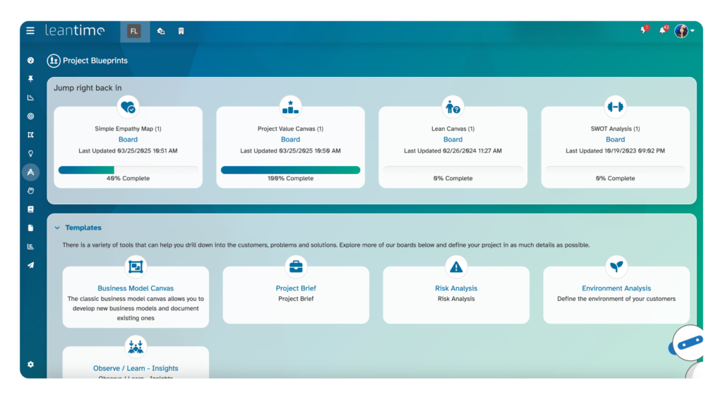 image highlights Leantime's Project Blueprints features, allowing users to create project purpose and plans